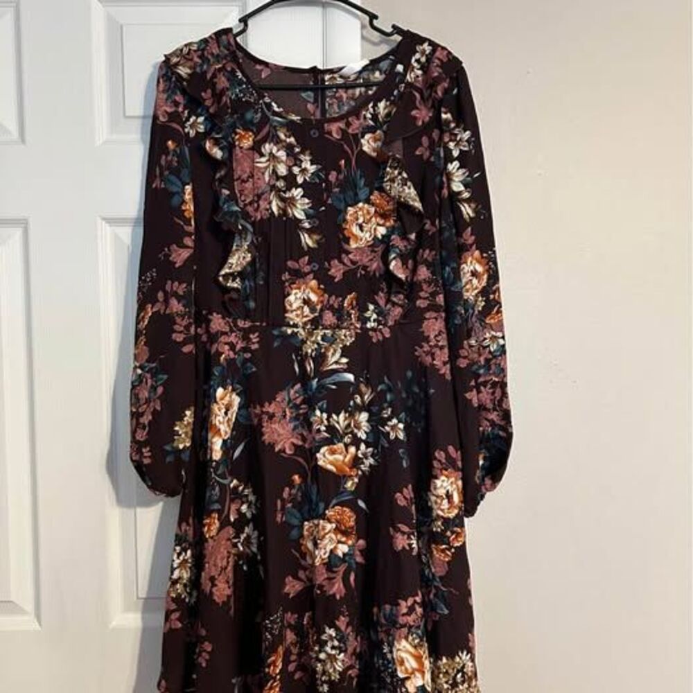 Xhilaration Womens M Brown Floral Boho Prairie Ruffle Long Sleeve Dress NWT